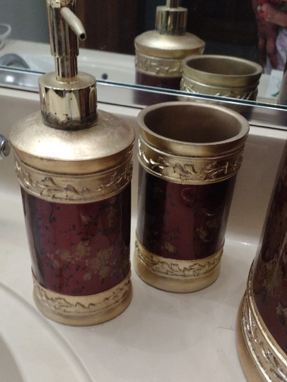 Set of 4 Gold & Burgundy Floral Bathroom Accessory Set lotion, soap dish, tumble